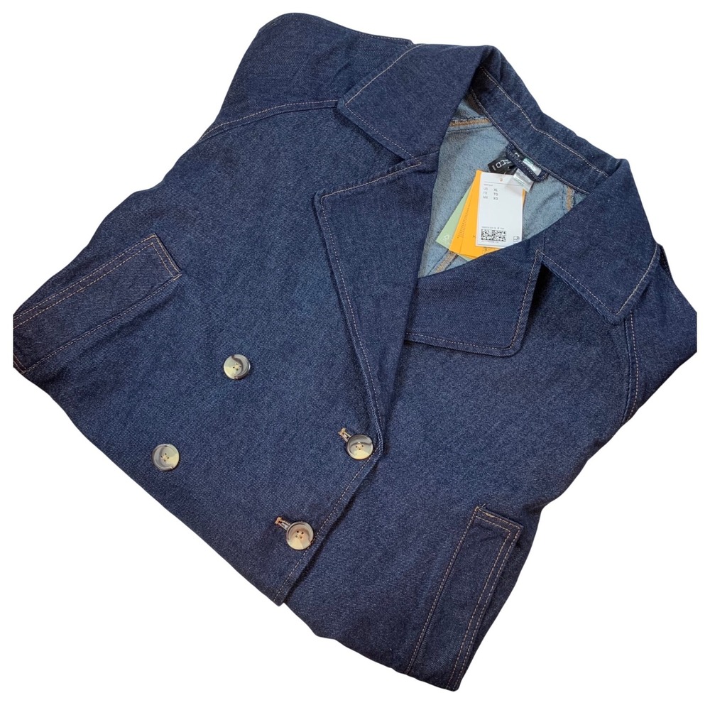 H&M Divided Womens XL Indigo Denim Double‎ Breasted Cropped Trench Jacket NEW
